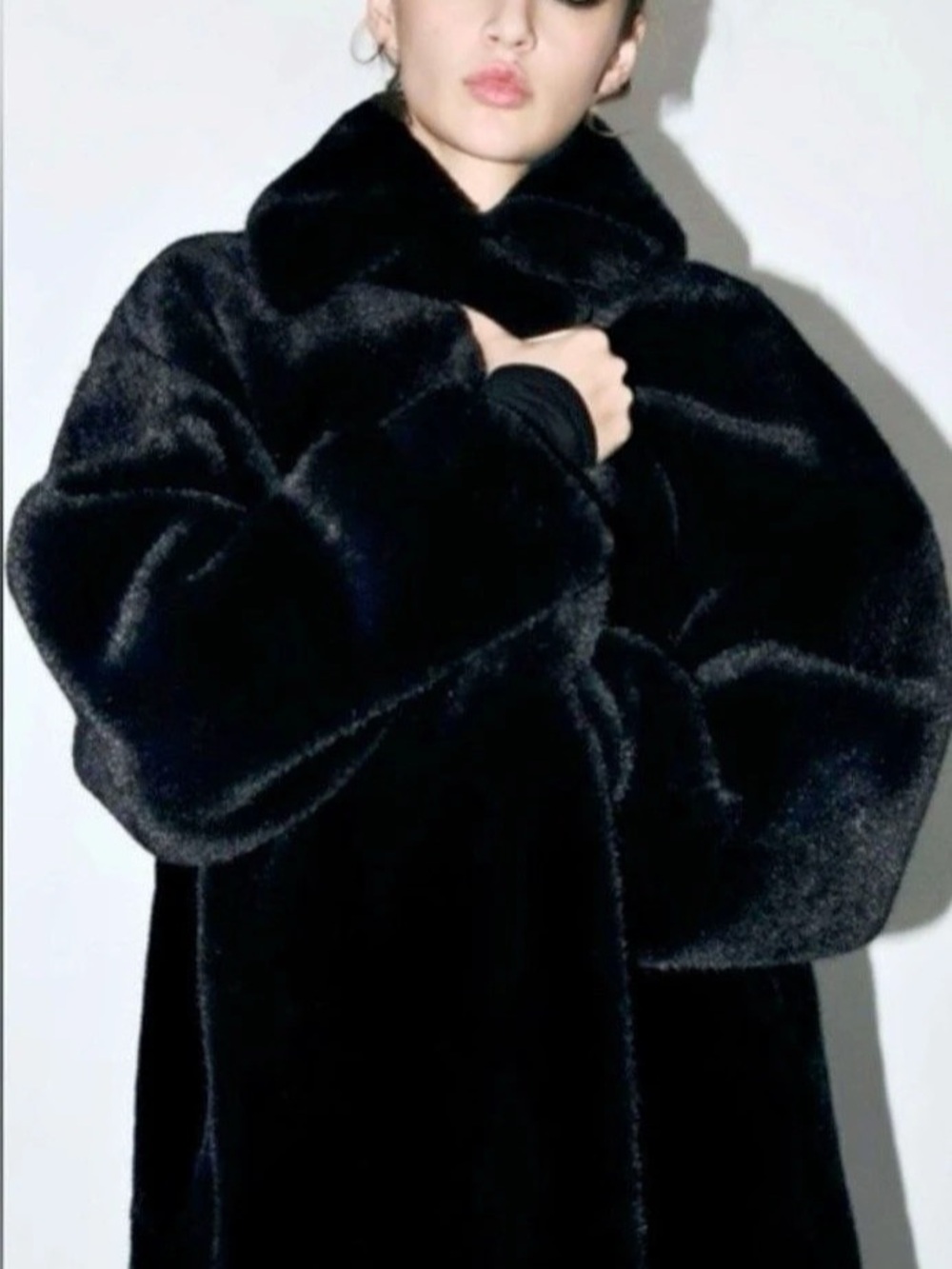 Zara Black Faux Fur Coat with Lapel Collar